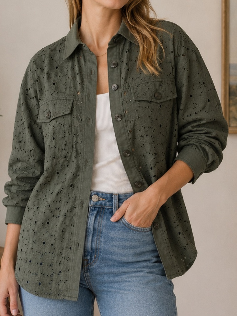 Women's Olive Eyelet Button-Front Jean Jacket